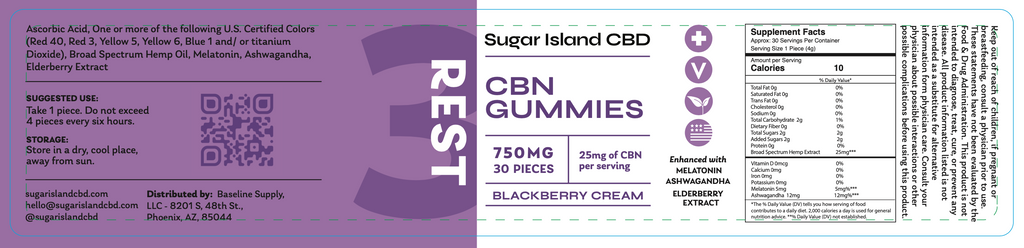 Sugar Island CBD REST cbd/hemp cbd oil/hemp oil infused gummy label