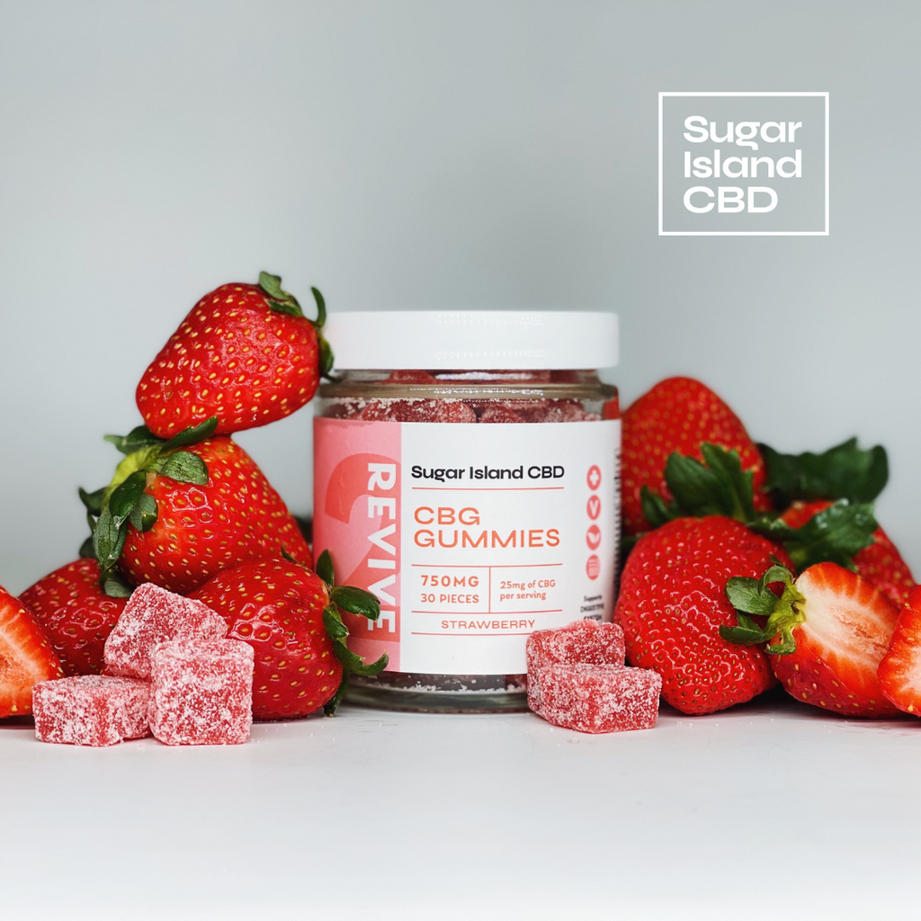 Sugar Island CBD REVIVE cbd/hemp cbd oil/hemp oil infused gummies; closed jar surrounded by red gummies and fresh strawberries on white backdrop