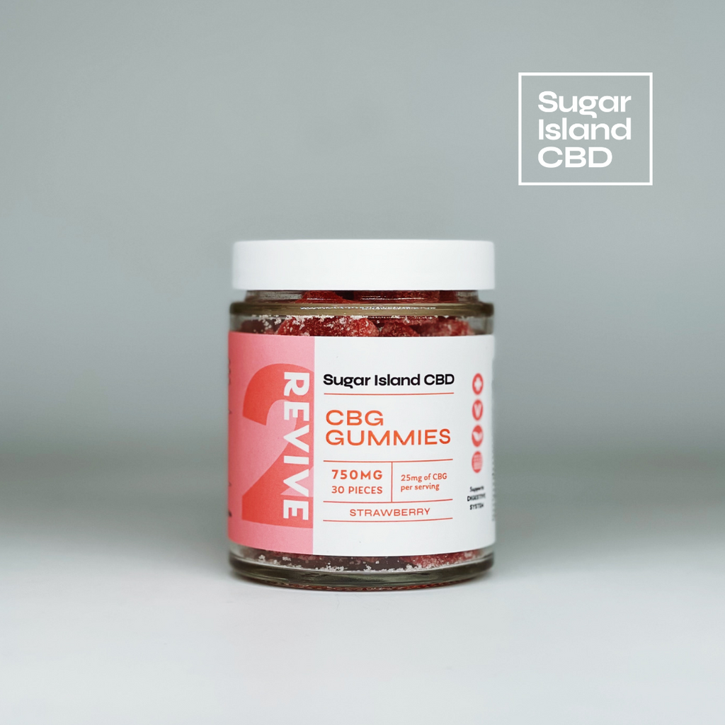 Sugar Island CBD REVIVE cbd/hemp cbd oil/hemp oil infused gummies; closed jar on white backdrop