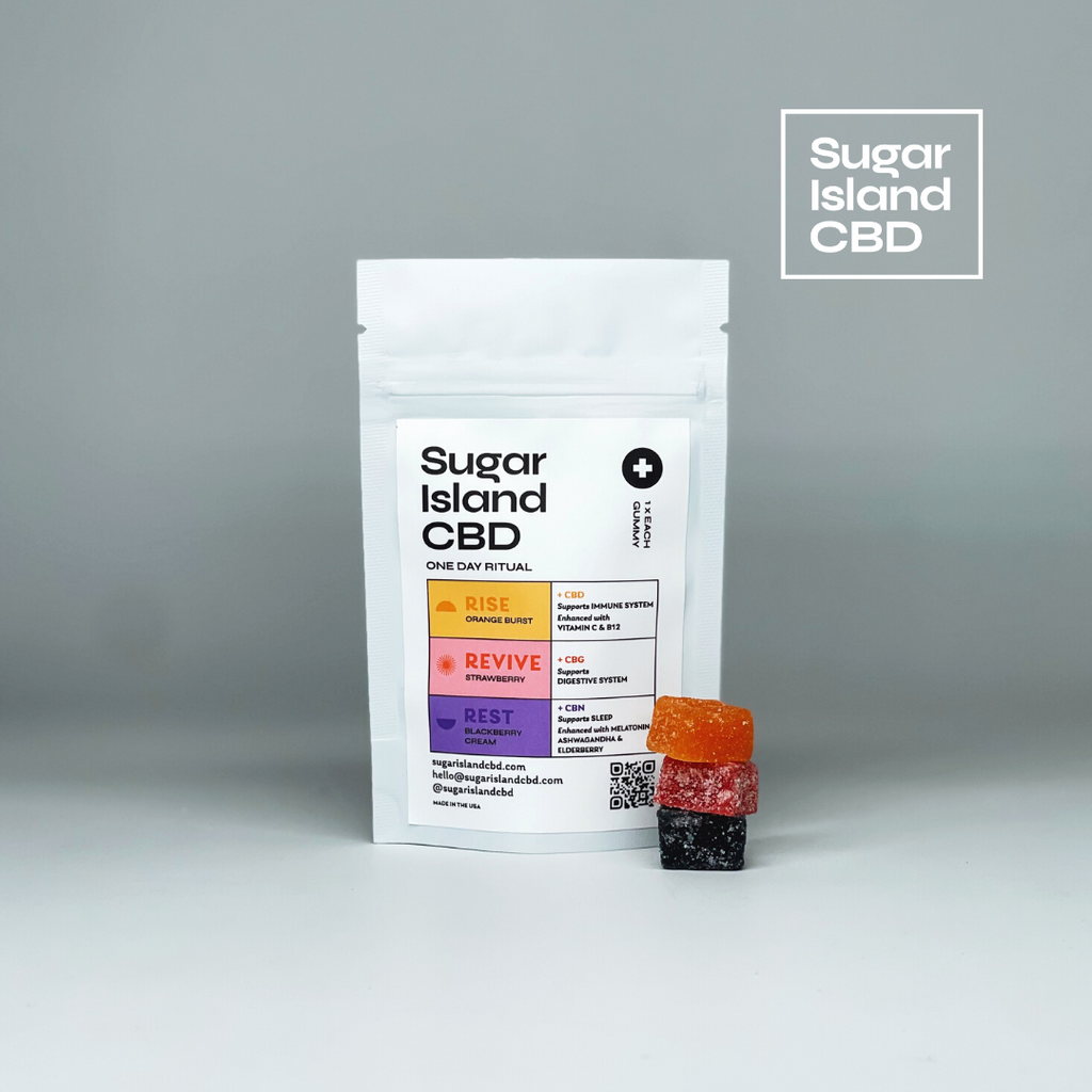 Sugar Island CBD sample pack cbd/hemp cbd oil/hemp oil infused gummies; Standing white pouch with three gummies in front on white backdrop