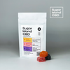 Sugar Island CBD sample pack cbd/hemp cbd oil/hemp oil infused gummies; Standing white pouch with three gummies in front on white backdrop