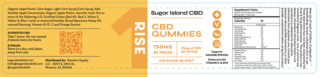 Sugar Island CBD RISE cbd/hemp cbd oil/hemp oil infused gummies label